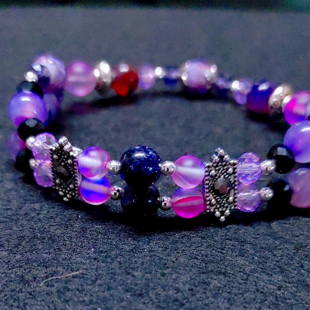 SOLD - Glass and Natural Stone with Silver-tone Accents - Stretch - 7 1/2 inch